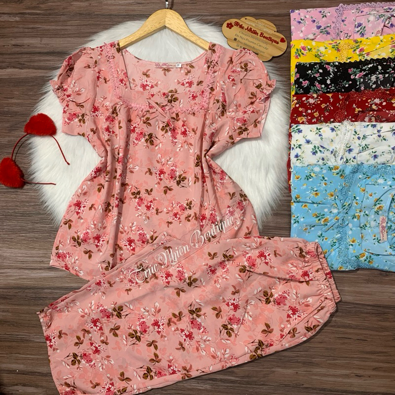 Bộ lửng lụa hàn tay ngắn hoạ tiết hoa quần có 2 túi xéo phom dưới 40-73kg - T99