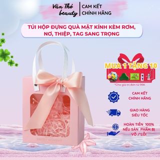 Túi Hộp Đựng Quà Mặt Kính, Đựng Hoa, Túi Đựng Quà Kèm Rơm, Nơ, Thiệp, Tag, Hộp Quà Hồng Sang Trọng, Vân Thỏ Beauty