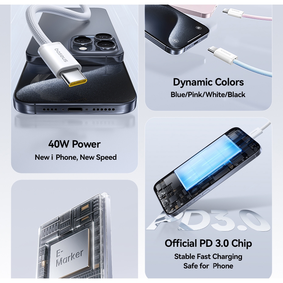 Cáp sạc nhanh Baseus 100W PD USB-C sang USB-C, Sạc nhanh cho Phon.e 15, M.ac, Sa.m.sung và các thiết bị tương tự