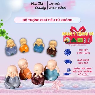 Bộ Hòa Thượng Tứ Không Tượng Chú Tiểu, Bộ Tứ Không Phật Mini Thạch Cao Phong Thủy Trang Trí Xe Hơi Để Bàn, Vân Thỏ