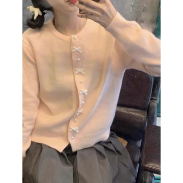 (Hàng QC loại 1) Áo len cardigan đính nơ ngọc trai - Áo cardigan nữ - Đồ đông nữ - Áo dệt kim - Áo khoác len