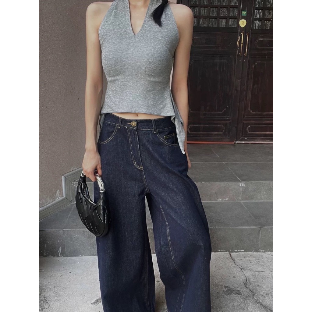 (sẵn) Quần jean ống rộng màu xanh đen phối túi sau có nắp tùi phong cách cá tính độc đáo QJCT007 - Tiktik