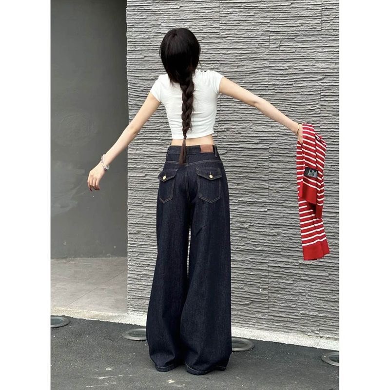 (sẵn) Quần jean ống rộng màu xanh đen phối túi sau có nắp tùi phong cách cá tính độc đáo QJCT007 - Tiktik