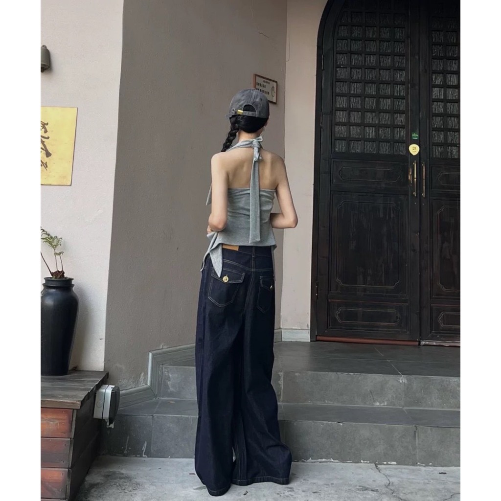 (sẵn) Quần jean ống rộng màu xanh đen phối túi sau có nắp tùi phong cách cá tính độc đáo QJCT007 - Tiktik
