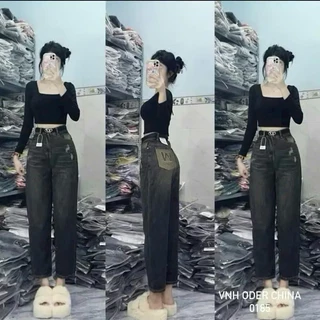 Quần Bò Baggy Jeans  Phối Túi Thêu Chữ W, Quần Bò Jeans Denim Nữ Cạp Cao Dáng Baggy Phong Cách Ulzzang