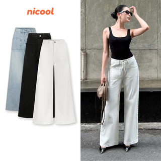 Quần jeans nữ NICOOL dáng suông dài ống loe rộng lưng cao màu trắng basic sang trọng N41-Q54