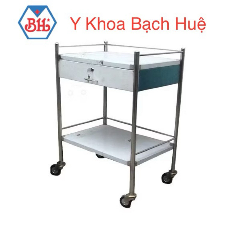 Xe đẩy dụng cụ 2 tầng có hộc kéo , xe đẩy inox 201 2 tầng có ngăn kéo