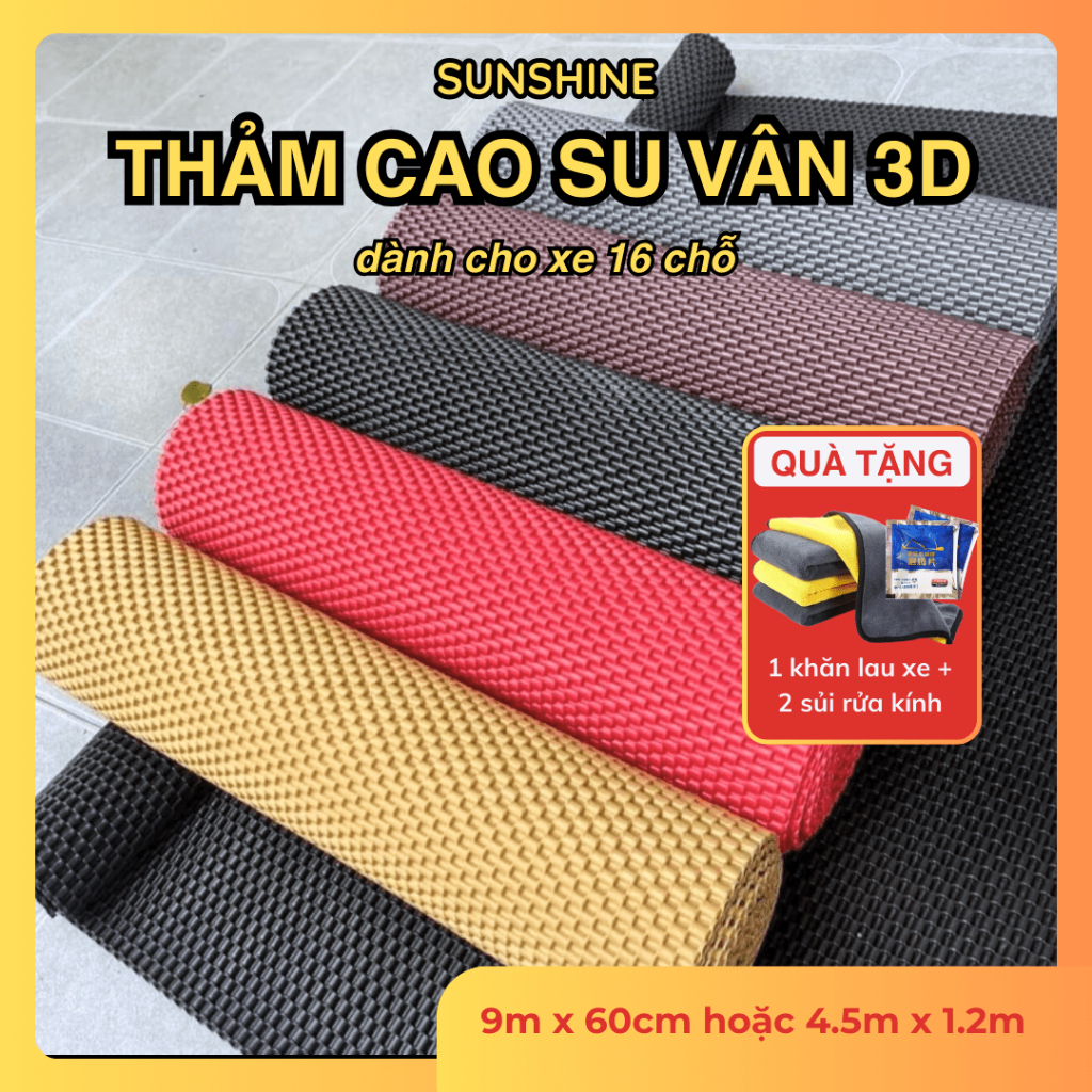 Thảm lót sàn vân 3D màu trơn cho xe 16 chỗ kích thước 9m x 60cm hoặc 4.5m x 1.2m