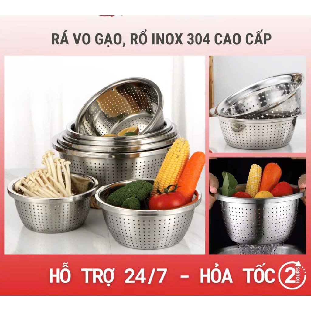 Bộ thau rổ inox sâu lòng 20 - 22 - 24Cm rửa rau củ quả, vo gạo , rễ vệ ...