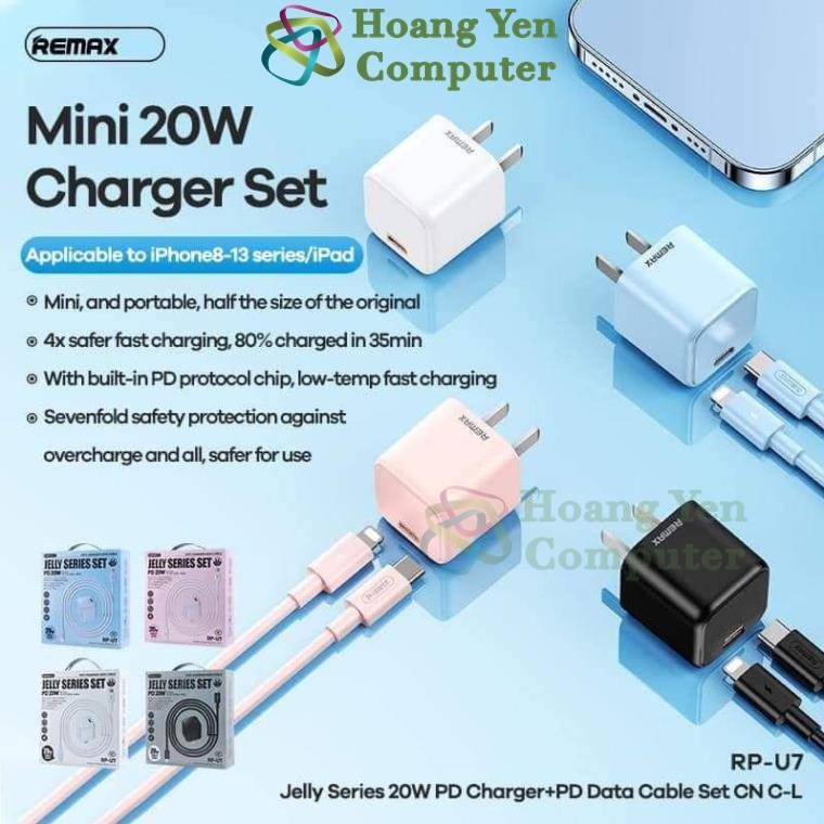 Bộ Sạc Nhanh 20W Remax RP-U7 Cho Điện Thoại Táo + Cáp Sạc TYPE C to LN (PD20W) - Hoangyencomputer