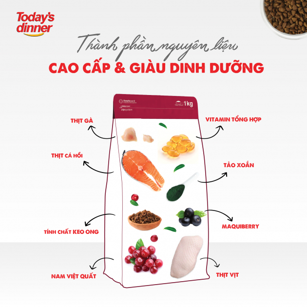 Thức ăn hạt Today's dinner cân bằng dinh dưỡng, chăm sóc toàn diện cho mèo lớn, gói 1KG