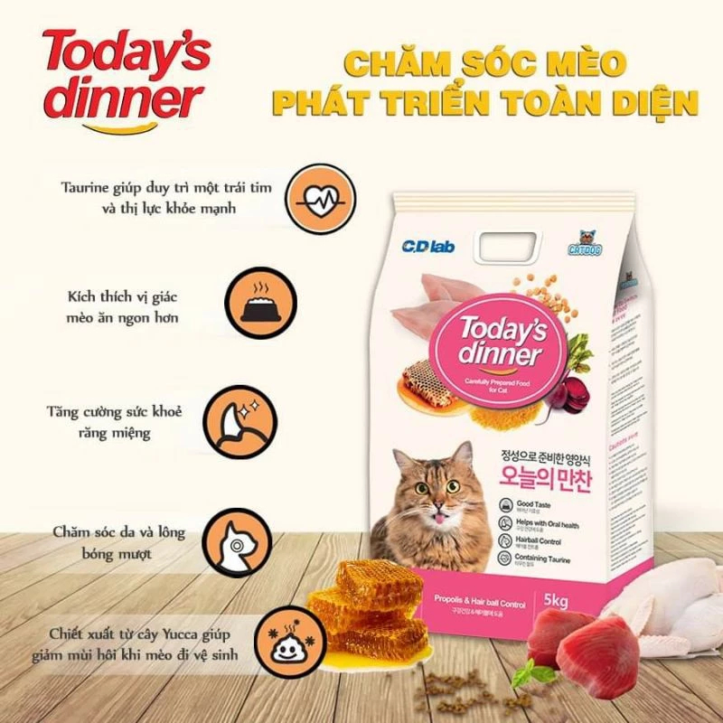 Hạt Cho Mèo Today's Dinner Hàn Quốc 1kg Bổ Sung Keo Ong Cho Mèo Mọi Lứa Tuổi