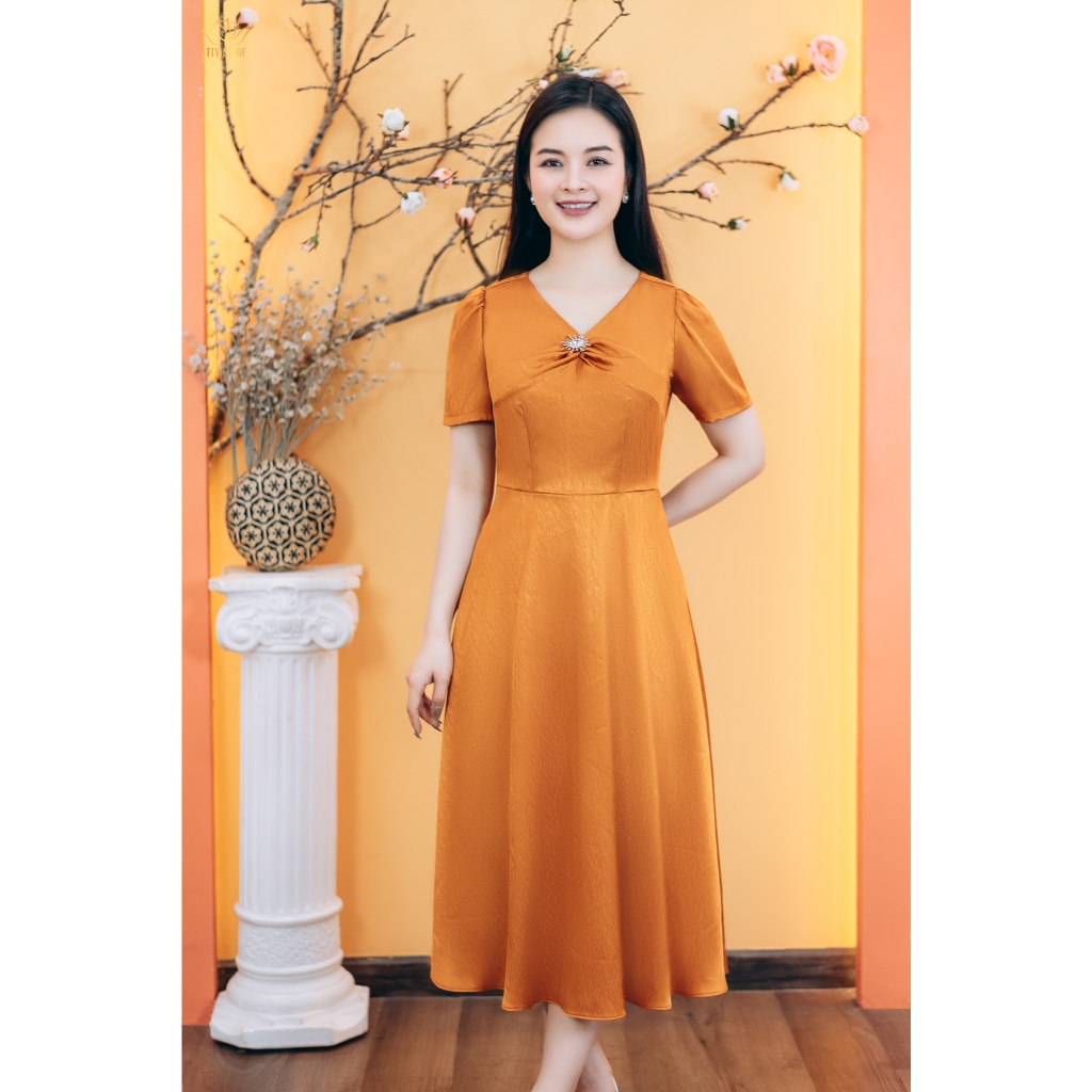 Ảnh Đầm xòe - Cổ tim xoắn tay ngắn - Cam - TTV Store thời trang nữ TTV1772# 2