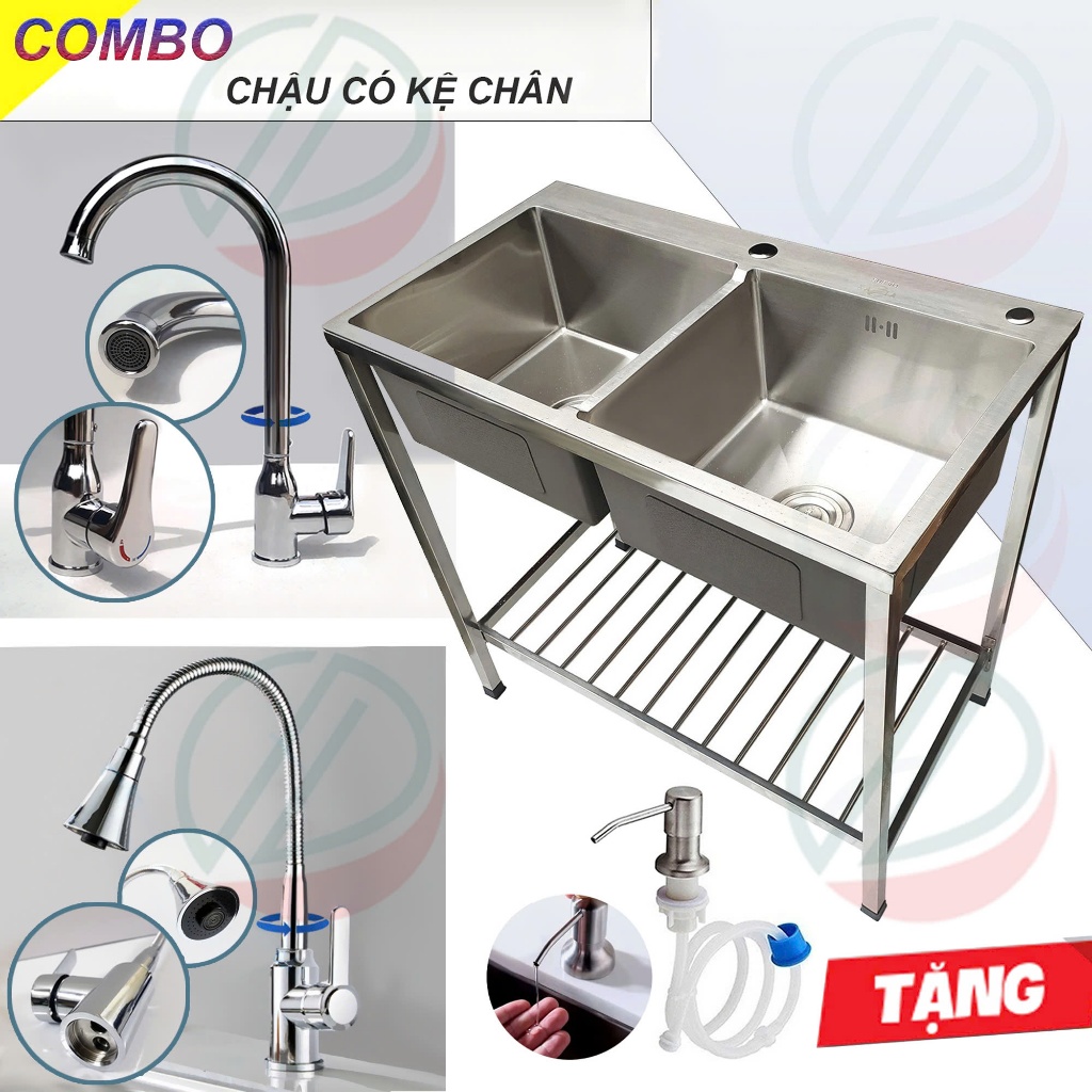 COMBO Chậu Rửa Chén Bát 2 Hộc 82x45cm Và 100x50cm Có Chân Kèm Vòi Inox ...