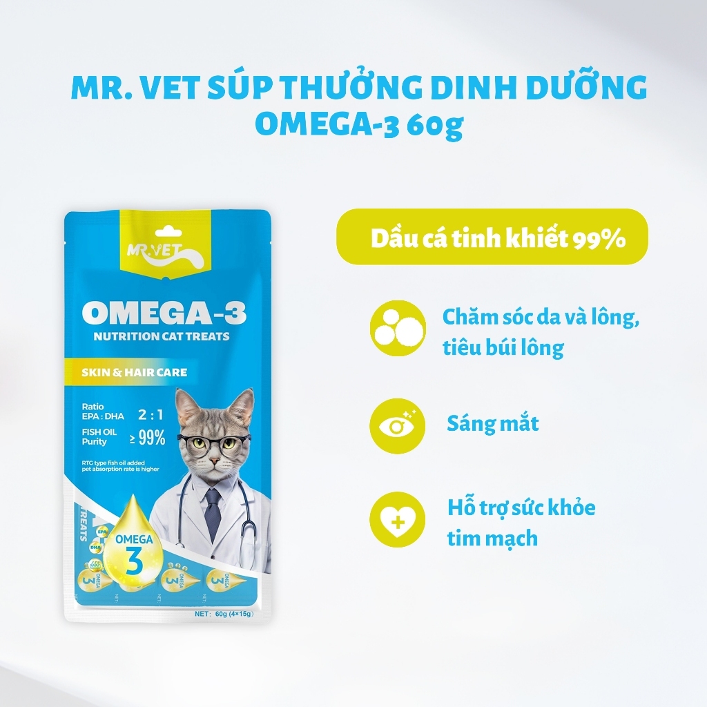Súp Thưởng Cho Mèo MR.VET Túi 60g (4 Thanh) Bổ Sung Omega 3 Prebiotics Taurine