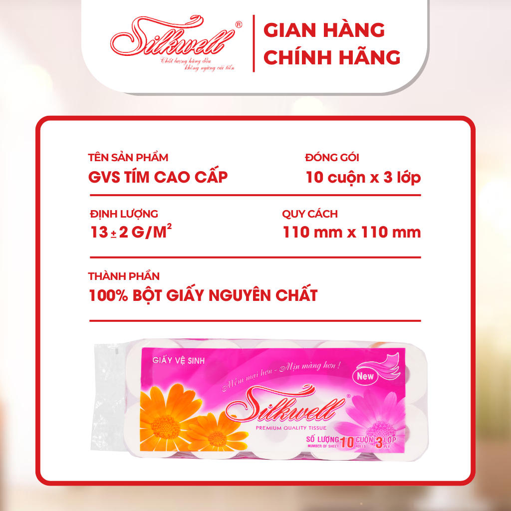 Ảnh Giấy vệ sinh Silkwell Tím 10 cuộn 3 lớp có lõi cao cấp siêu mềm mịn không tẩy trắng hàng chính hãng 1