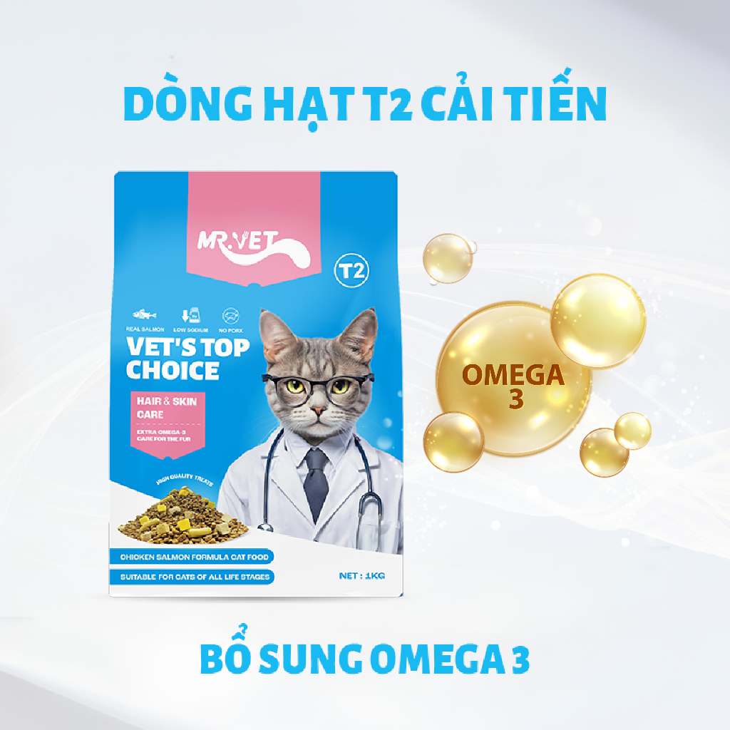 Thức Ăn Hạt Cho Mèo MR.VET T2 Gói 1KG Không Ngũ Cốc Tăng Cường Omega 3 Hỗ Trợ Mượt Lông