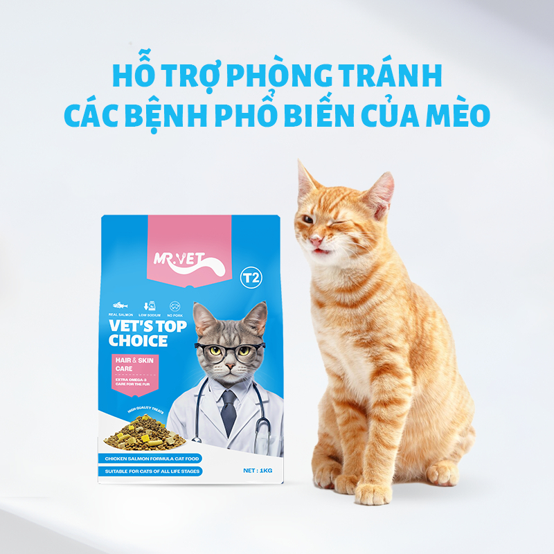 Thức Ăn Hạt Cho Mèo MR.VET T2 Gói 1KG Không Ngũ Cốc Tăng Cường Omega 3 Hỗ Trợ Mượt Lông