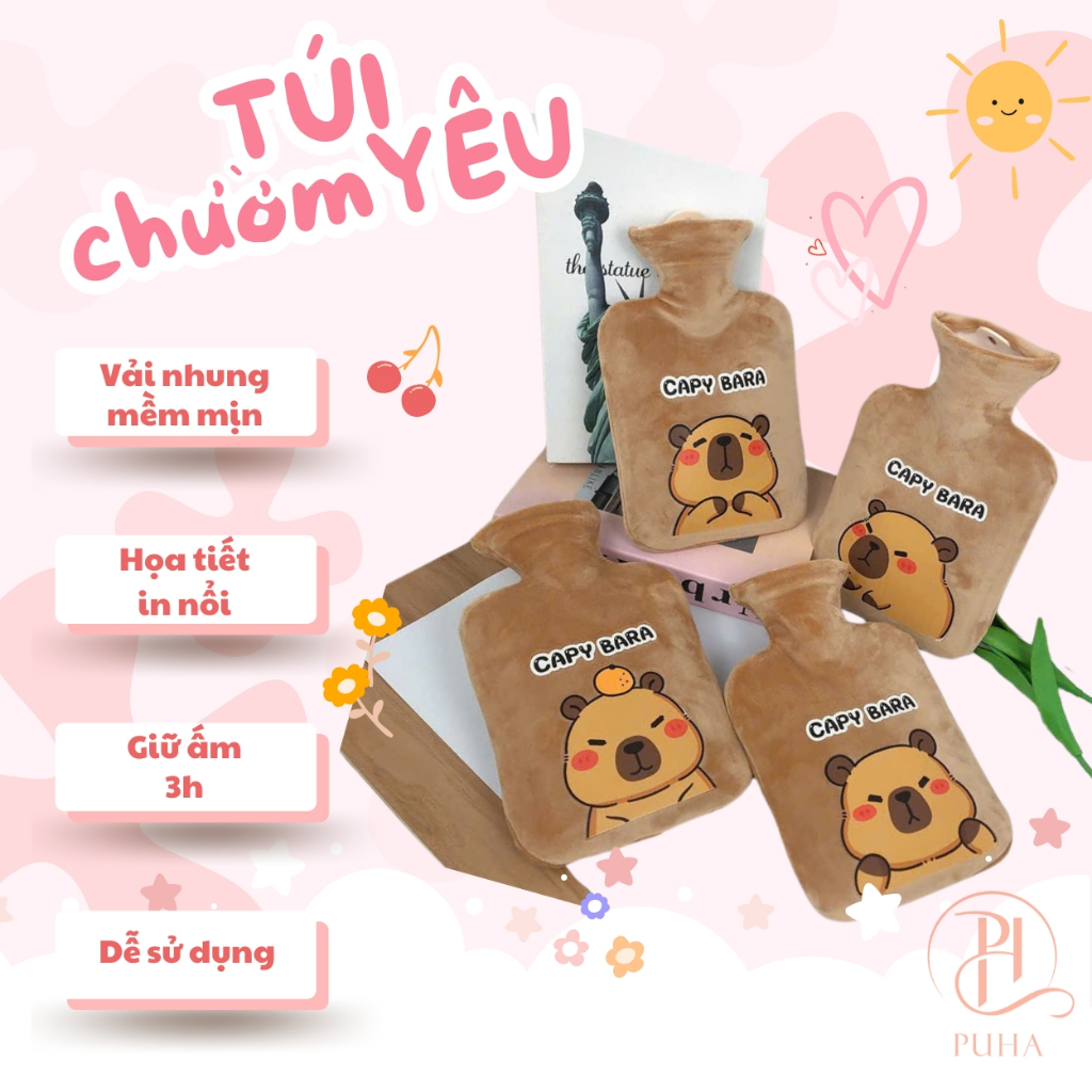 Ảnh Combo quà tặng túi chườm bụng Capybara 400ml Puha có hoa, băng đô, kẹp tóc, tất, dễ thương cute 4