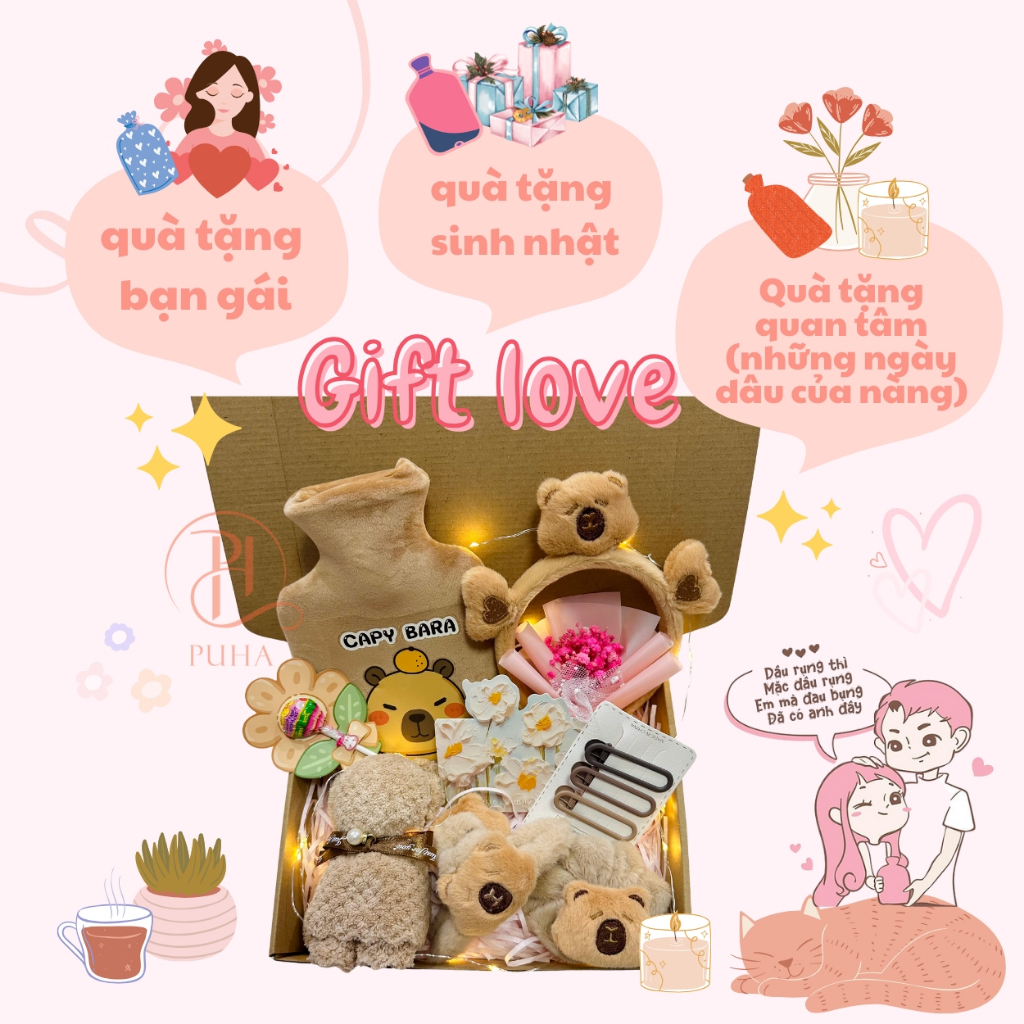 Ảnh Combo quà tặng túi chườm bụng Capybara 400ml Puha có hoa, băng đô, kẹp tóc, tất, dễ thương cute 3