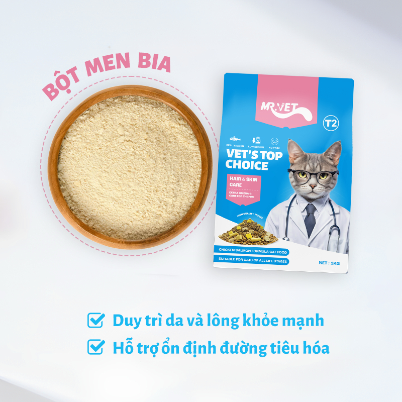Thức Ăn Hạt Cho Mèo MR.VET T2 Gói 1KG Không Ngũ Cốc Tăng Cường Omega 3 Hỗ Trợ Mượt Lông