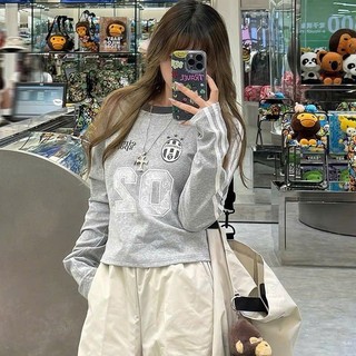 (sẵn)Áo thun dài tay cổ tròn JERSEY số 02 màu xanh than ghi họa tiết sọc cánh tay phong cách bóng đá ATDT018 - Tiktik
