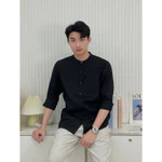 DODEP Áo sơmi nam linen 100% tay dài cổ trụ — ảnh 2