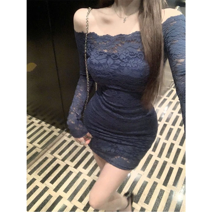 Váy body trễ vai tôn dáng chất ren co giãn, váy ôm body dài tay thời trang vintage retro pháp
