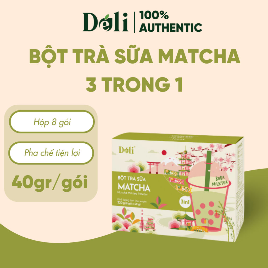 Bột trà sữa Matcha 3in1 Déli - Hộp 320Gr (8 gói), pha chế trà sữa tiện ...