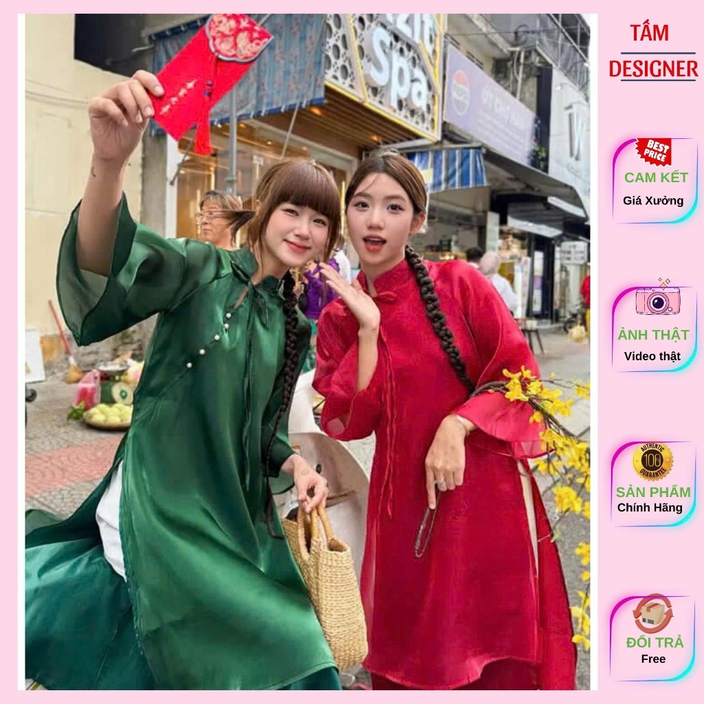 Áo Dài Tịnh Thi voan tơ 4 Tà Tamdesigner phối cúc sường cách điệu nơ cổ kèm quần,Áo dài cách tân mẫu đẹp nhất 2025