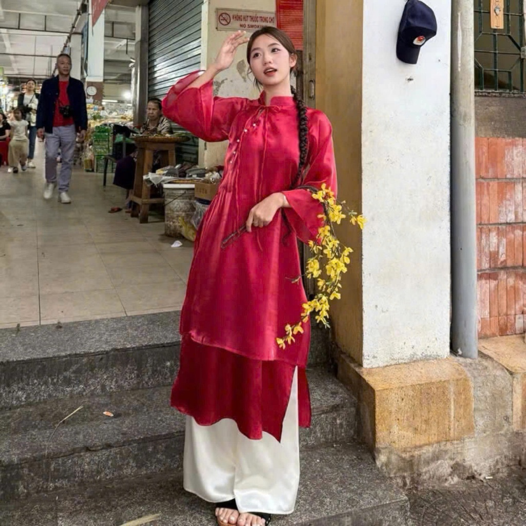 Áo Dài Tịnh Thi voan tơ 4 Tà MuzaBotique phối cúc sường cách điệu nơ cổ kèm quần,Áo dài cách tân mẫu đẹp nhất 2025