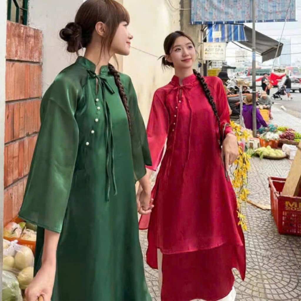 Áo Dài Tịnh Thi voan tơ 4 Tà MuzaBotique phối cúc sường cách điệu nơ cổ kèm quần,Áo dài cách tân mẫu đẹp nhất 2025