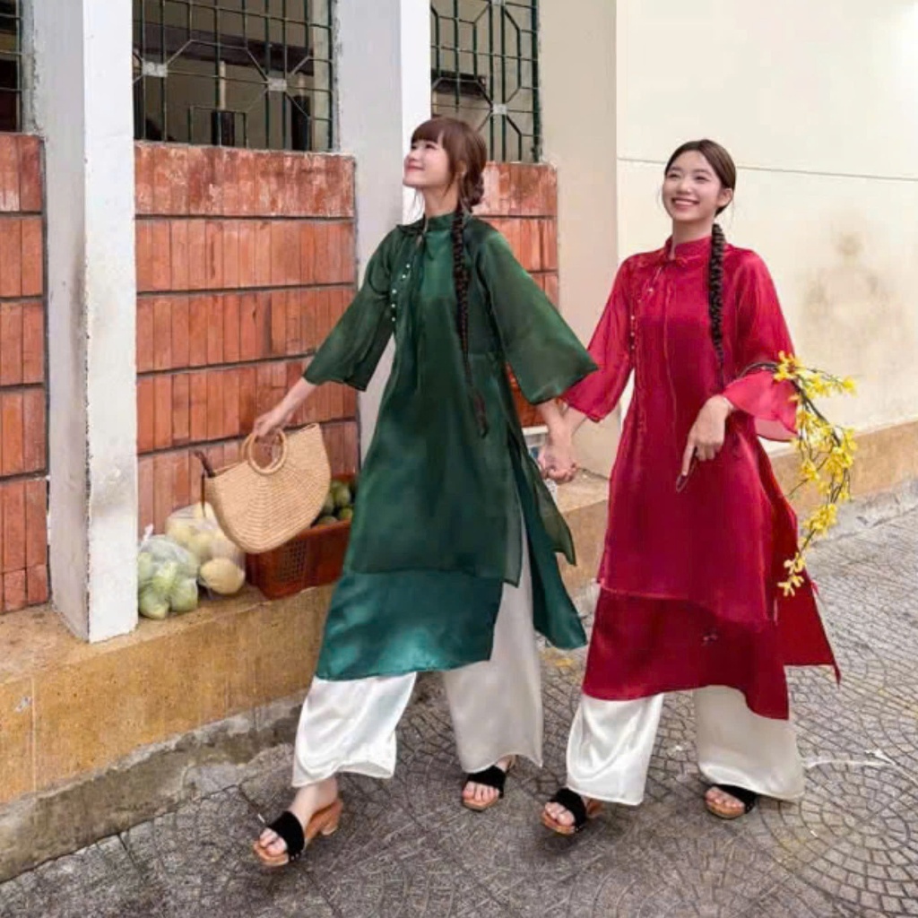 Áo Dài Tịnh Thi voan tơ 4 Tà MuzaBotique phối cúc sường cách điệu nơ cổ kèm quần,Áo dài cách tân mẫu đẹp nhất 2025