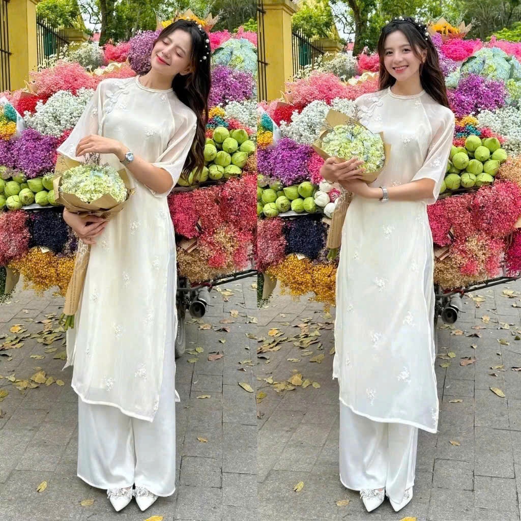 Set áo dài hoa nhí nữ Đỗ Quyên MuzaBotique cổ tròn đính cúc tàu truyền thống duyên dáng,Áo dài cách tân 4 tà  hoa nổi T5