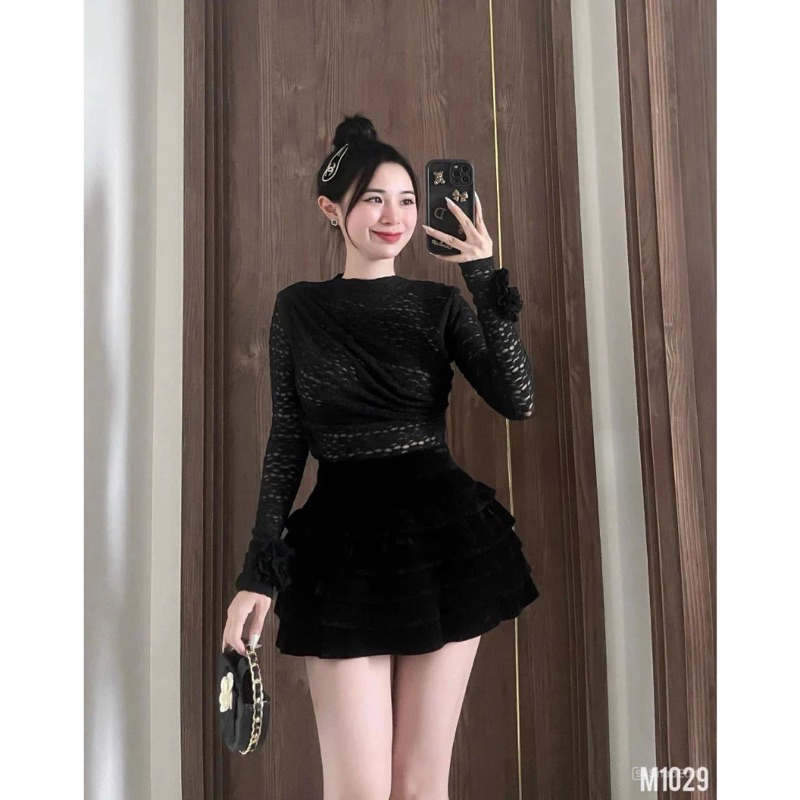 Áo ren lưới dúm vai tay hoa ôm body chiết eo tôn dáng tiểu thư (có lớp lót trong)
