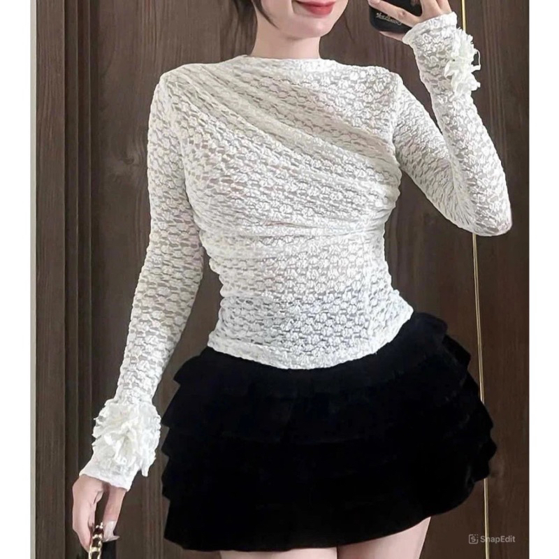 Áo ren lưới dúm vai tay hoa ôm body chiết eo tôn dáng tiểu thư (có lớp lót trong)