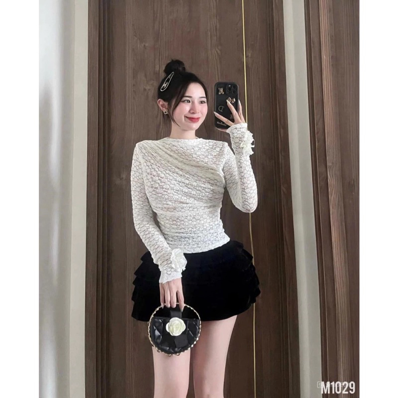 Áo ren lưới dúm vai tay hoa ôm body chiết eo tôn dáng tiểu thư (có lớp lót trong)