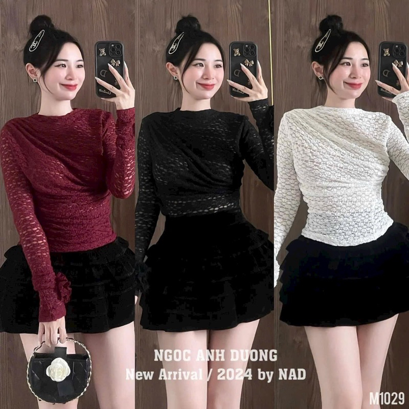 Áo ren lưới dúm vai tay hoa ôm body chiết eo tôn dáng tiểu thư (có lớp lót trong)