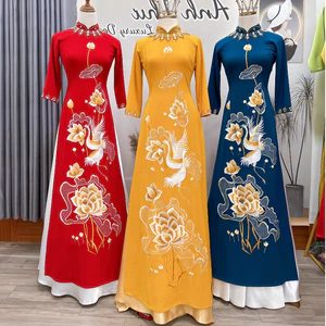 Áo dài mẹ sui, áo dài thêu hoa sen cổ thuyền vải lụa mango đính kết sang trọng MC06
