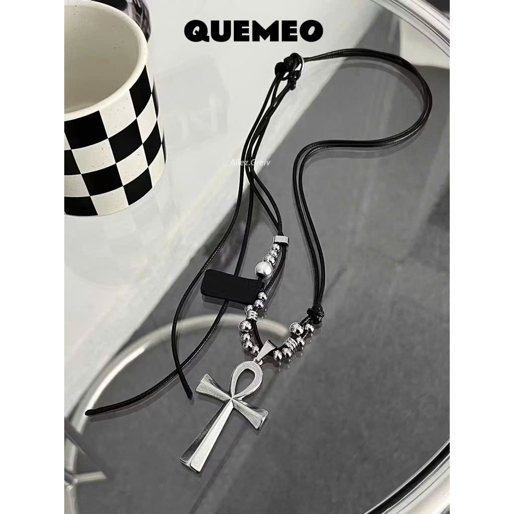 Vòng cổ Sợi Xích Mặt Thánh giá Thiết kế Gia công Thời Trang GAGN QUEMEO cho Nam và Nữ Chocker Dây Da