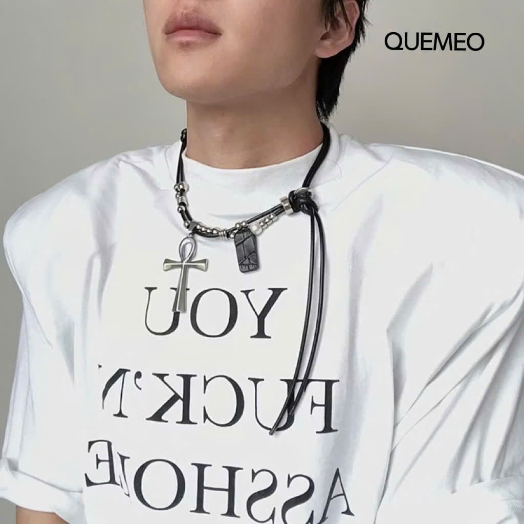 Vòng cổ Sợi Xích Mặt Thánh giá Thiết kế Gia công Thời Trang GAGN QUEMEO cho Nam và Nữ Chocker Dây Da