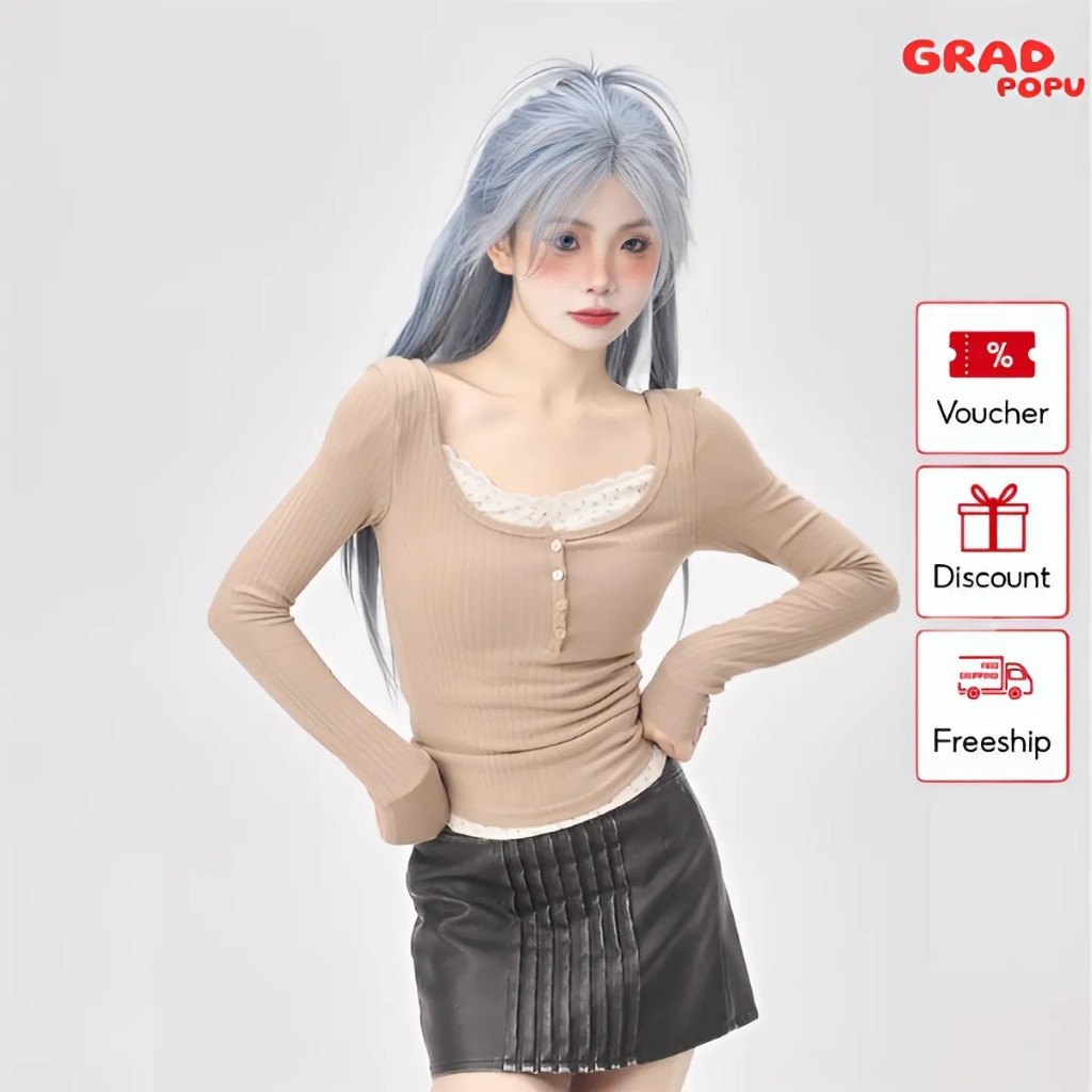 Áo thun nữ tay dài GRADPOPU PTD18 thiết kế 2 mảnh giả ren dáng ôm gợi cảm vải thun mềm mại in hoa