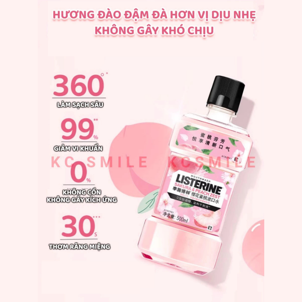 Nước súc miệng Listerine mix vị Đào và Hoa Anh Đào 250ml, 100ml, 500ml Sakura & Peach Khử mùi khuẩn
