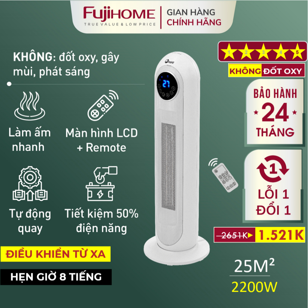 Quạt sưởi FujiE CH-2300 Gốm Ceramic, không đốt oxi, bảo vệ quá nhiệt an toàn, ấm nhanh tiết kiệm điện, bảo hành 24 tháng
