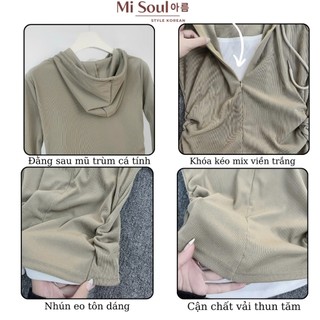 Áo Thun Tăm Dài Tay Nhún Eo Phối 2 Lớp Có Mũ Khóa Kéo Trước BigSize MiSoul, Áo Dài Tay Mix Viền Trắng 363