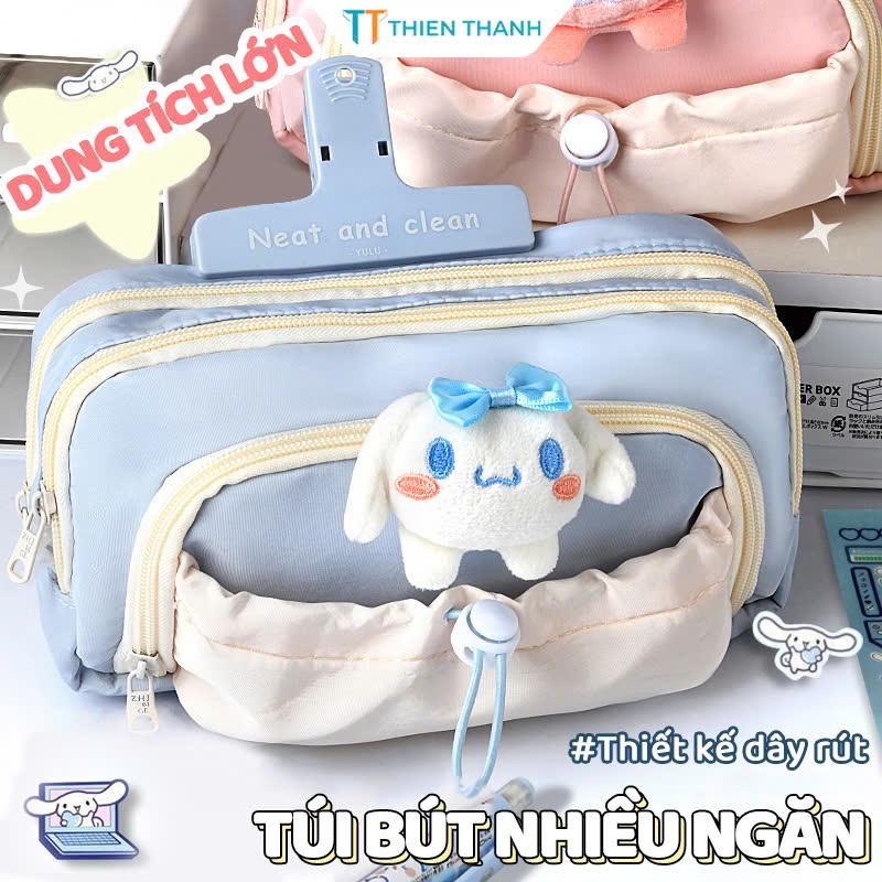 Túi Đựng Bút Bằng Vải Canvas Cỡ Lớn Dây Rút 5 Ngăn Màu Pastel Ngọt Ngào Xinh Xắn
