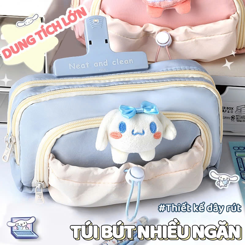 Túi Đựng Bút Bằng Vải Canvas Cỡ Lớn Dây Rút 5 Ngăn Màu Pastel Ngọt Ngào Xinh Xắn