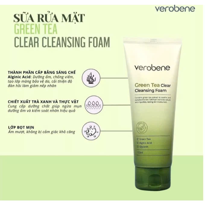 Sữa rửa mặt Verobene trà xanh làm sạch sâu, dịu nhẹ cho da dầu mụn, 150g (mẫu mới