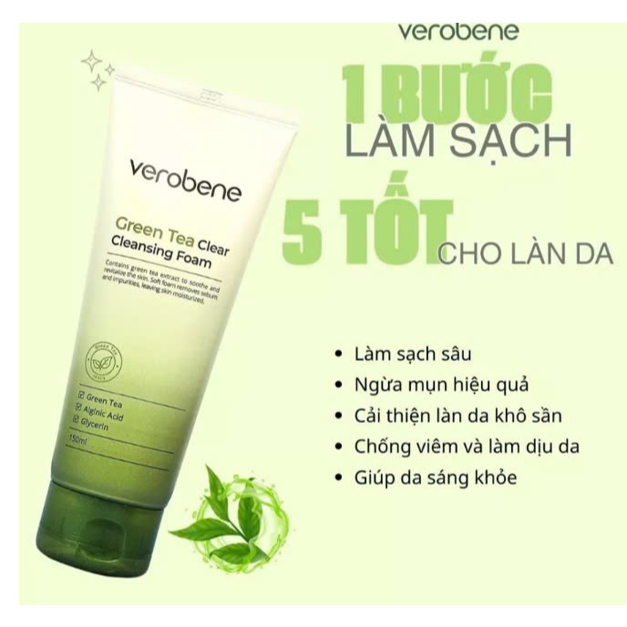 Sữa rửa mặt Verobene trà xanh làm sạch sâu, dịu nhẹ cho da dầu mụn, 150g (mẫu mới