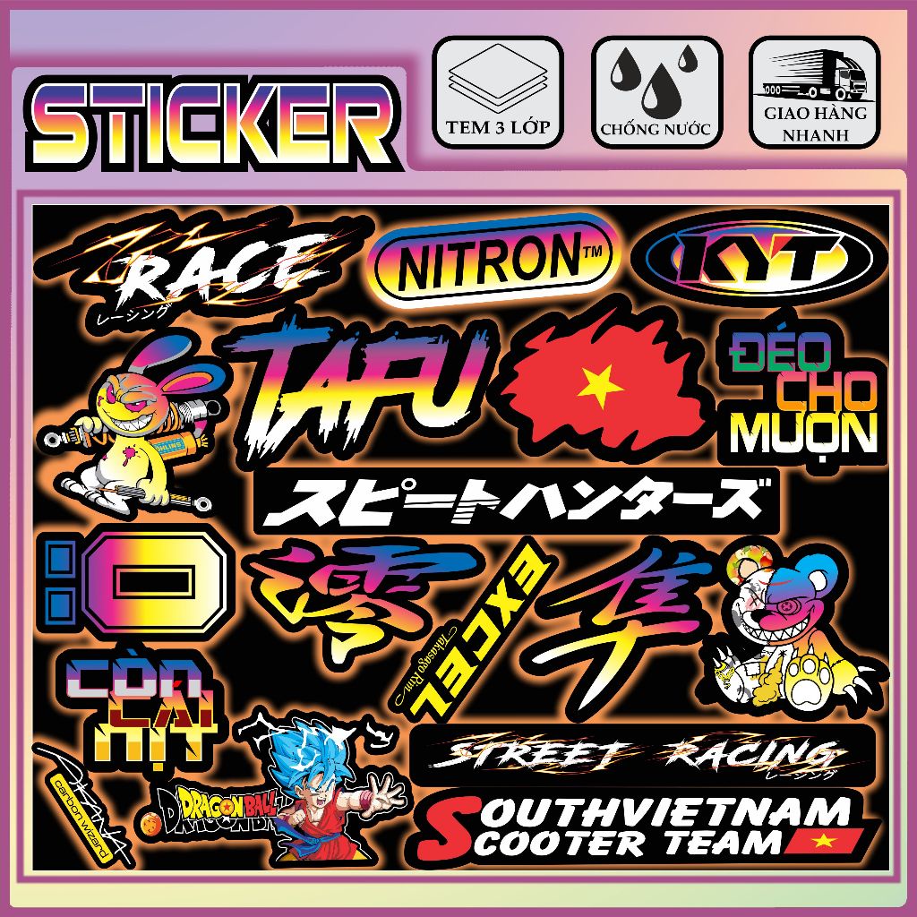 tem sticker chữ tàu hót dán trang trí nhiều nơi tủ lạnh xe máy láp tốp ...